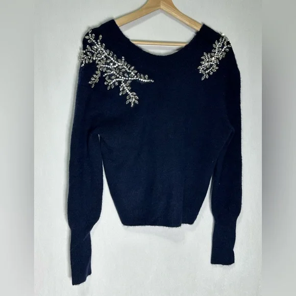 Veronica Beard Navy Crystal Embellished V-Back‎ Sweater XS Rhinestone Applique - Picture 3 of 5